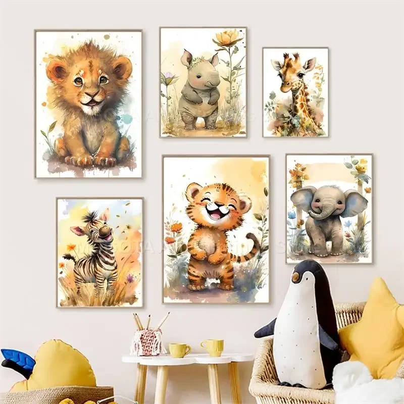 水彩画ライオンキリン虎象ゼブラ保育園壁アートキャンバス絵画動 - Baby Nursery Posters のレビューと価格
