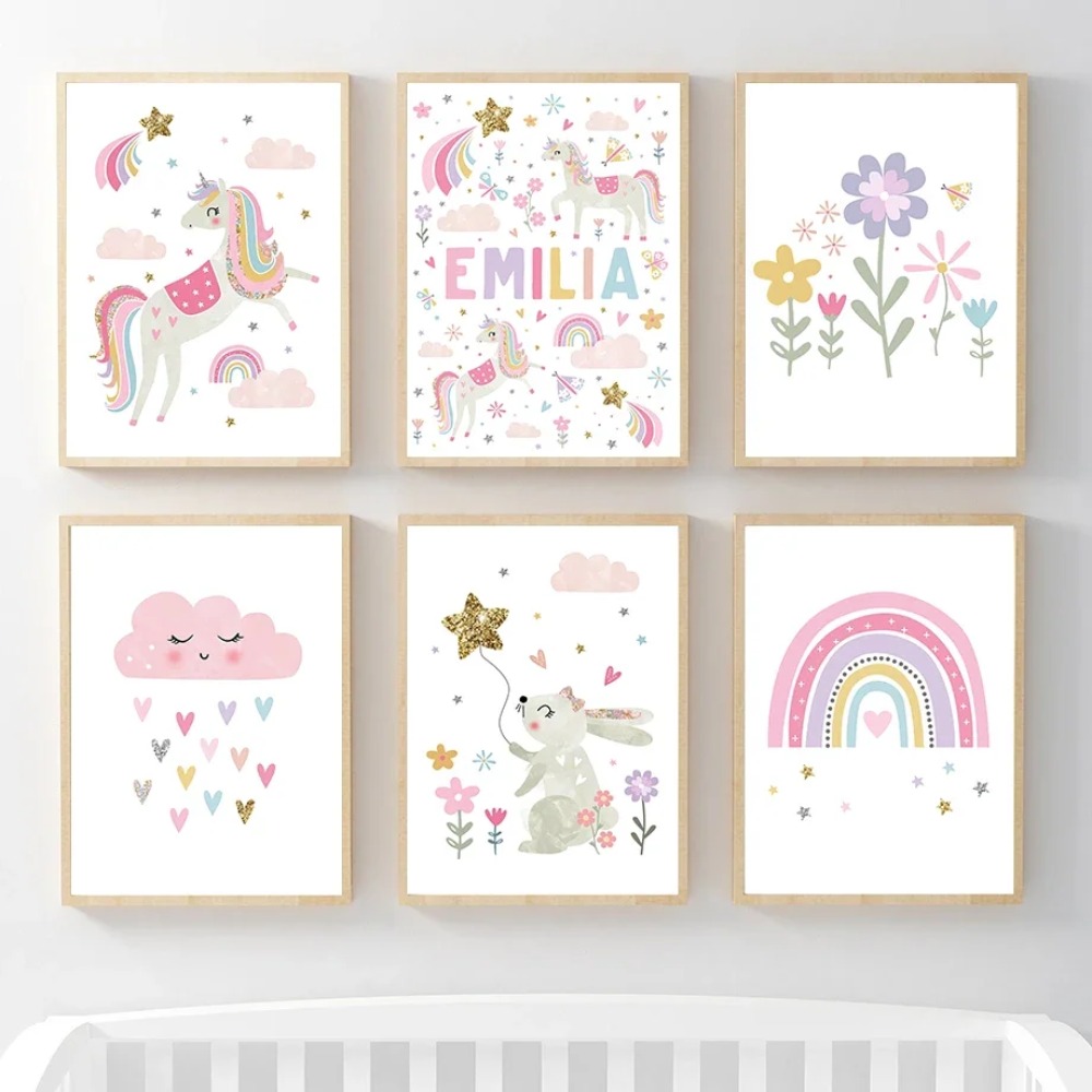 ピンクのユニコーンウサギ虹雲花保育園壁アートキャンバス絵画ポ - Baby Nursery Pink のレビューと価格