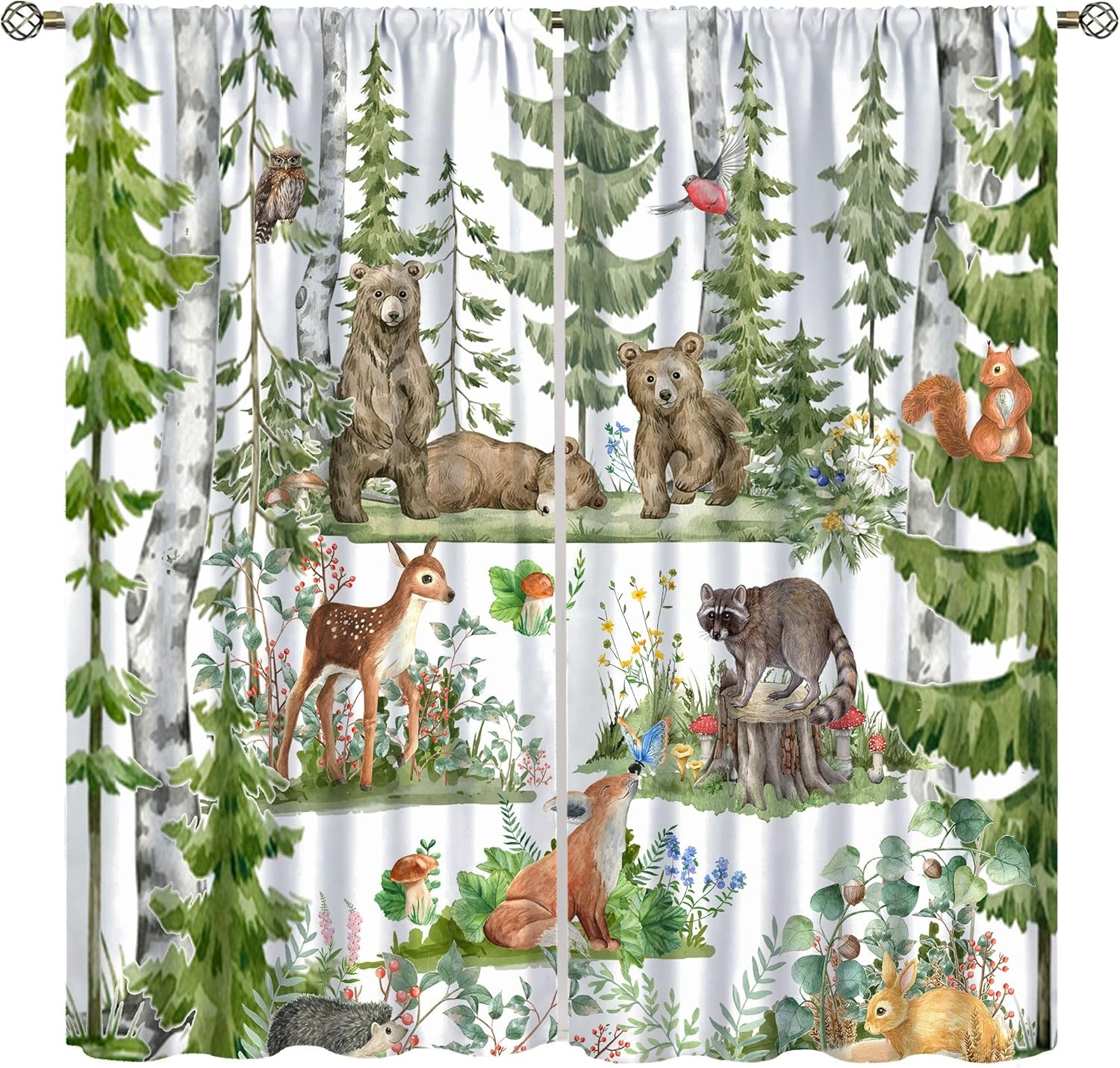 子供用の森の動物カーテン、水彩画の野生動物、クマ、キツネ、鹿 - Baby Nursery Green のレビューと価格