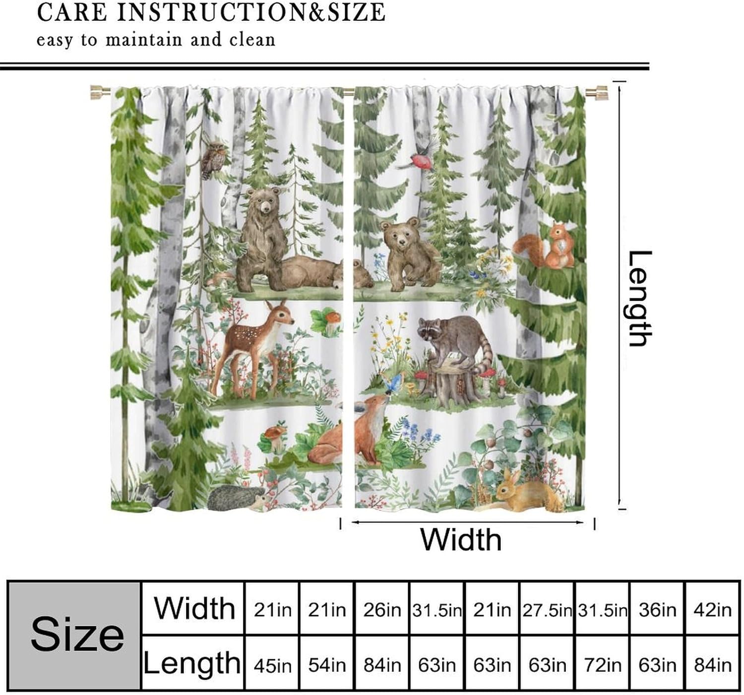 子供用の森の動物カーテン、水彩画の野生動物、クマ、キツネ、鹿 - Baby Nursery Green のレビューと価格